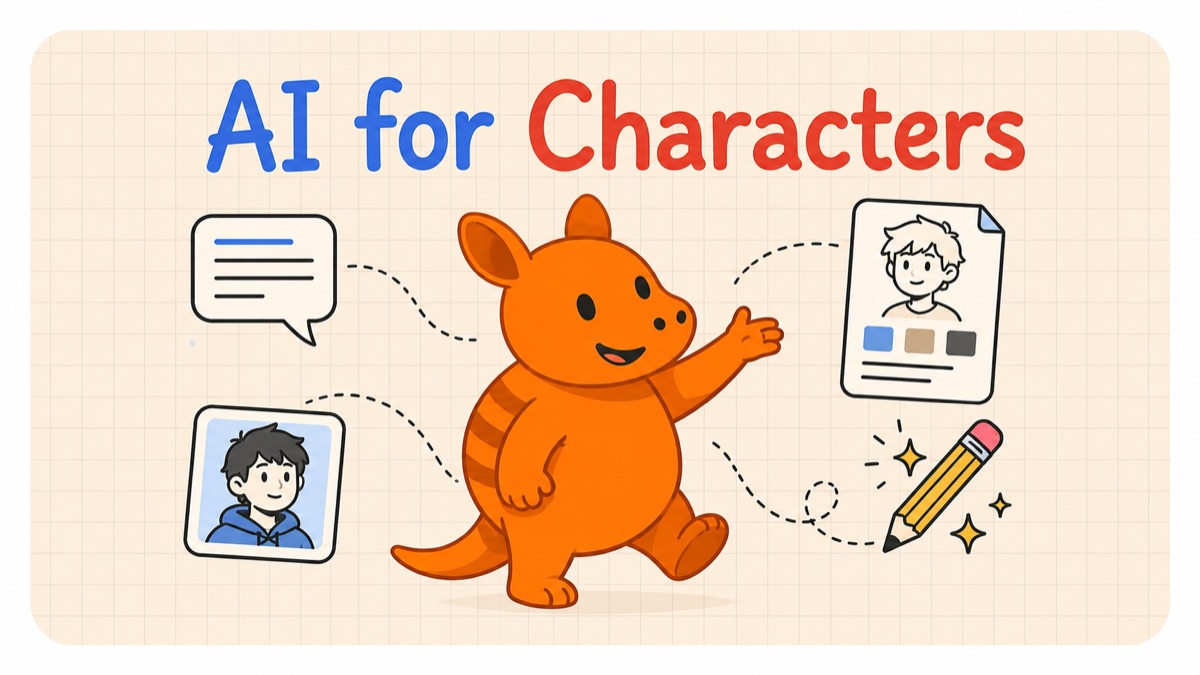 AI for Characters - illustration of a friendly orange mascot character surrounded by a character sheet, reference images, and design tools