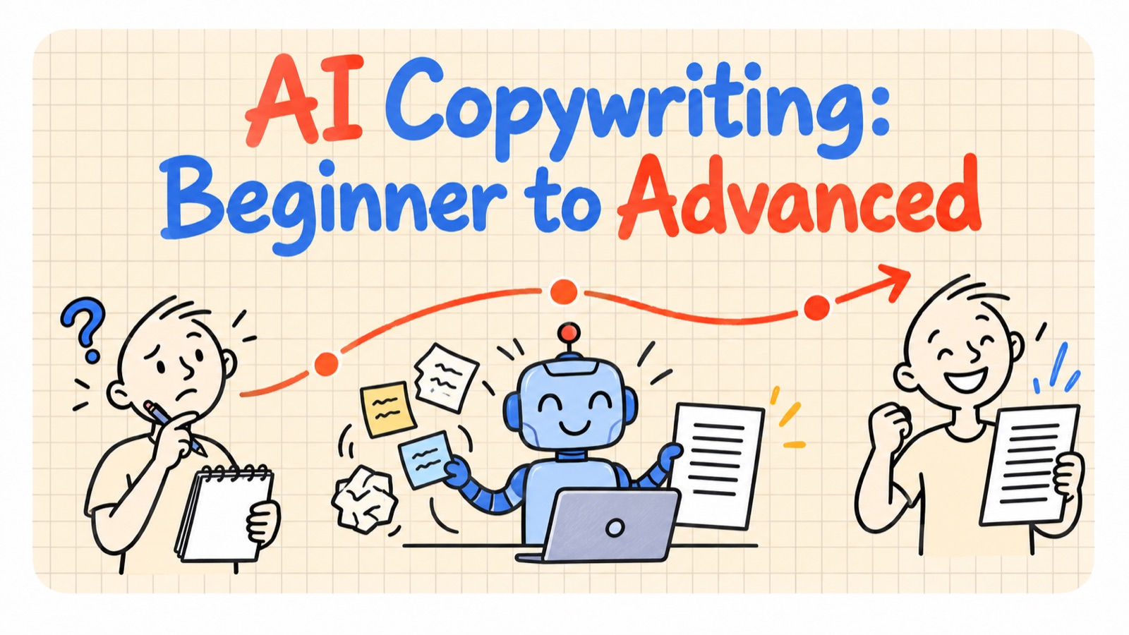 Illustration titled AI Copywriting: Beginner to Advanced. A puzzled person with a notepad on the left, a robot at a laptop handing over a finished page in the middle, and a smiling person holding finished copy on the right, joined by a rising arrow.