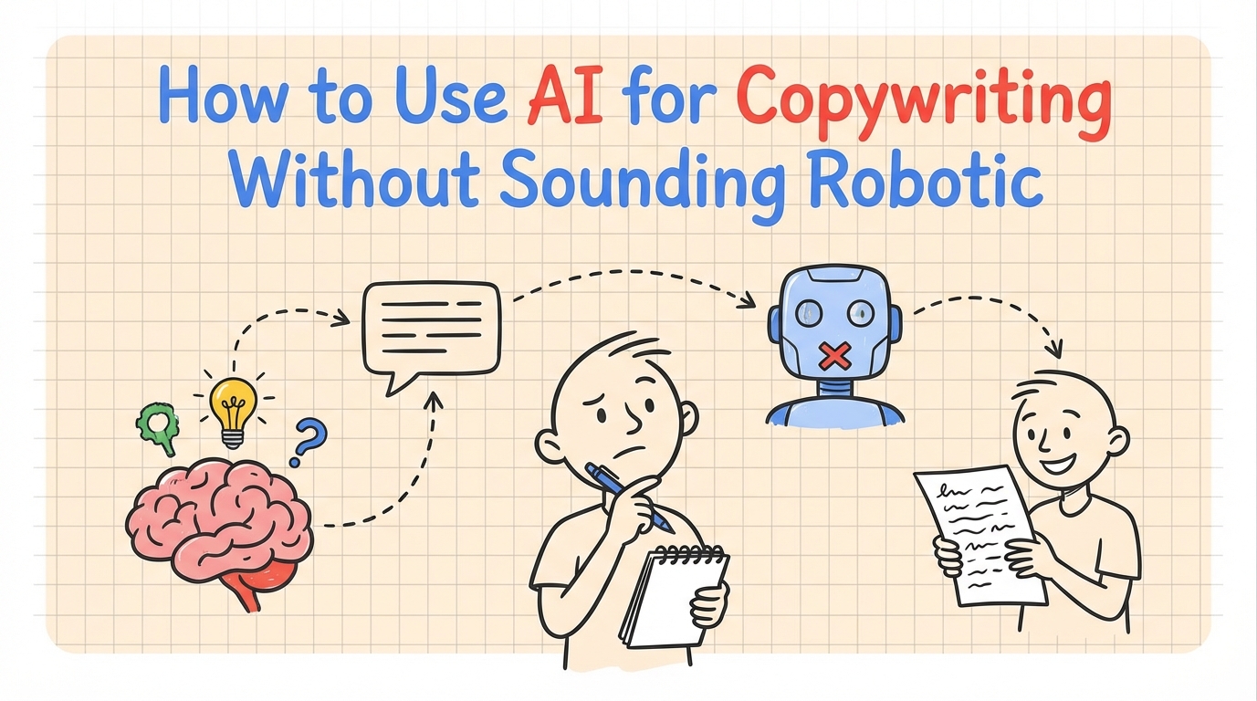 How to use AI for copywriting without sounding robotic — illustration of a person writing with AI assistance