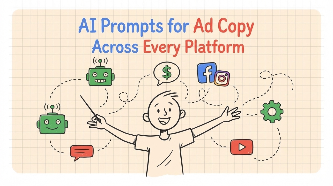 AI Prompts for Ad Copy Across Every Platform - illustration of a person managing ads across multiple platforms