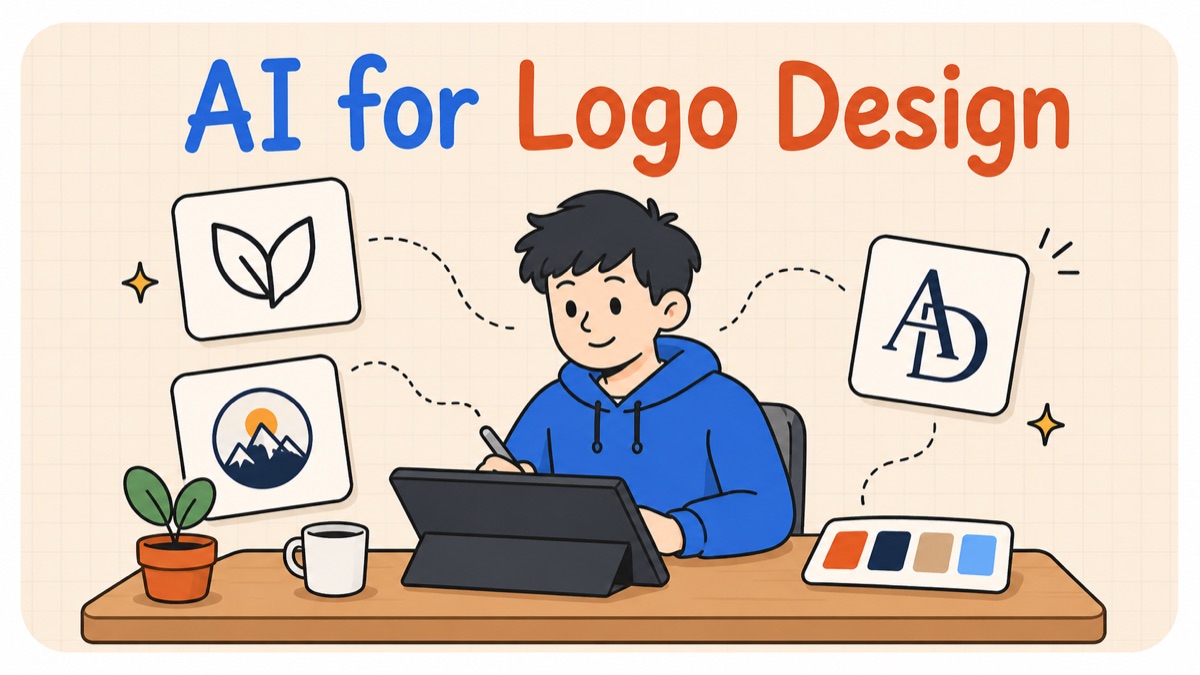 AI for Logo Design - illustration of logo marks, a color palette, and design tools arranged around a friendly orange mascot