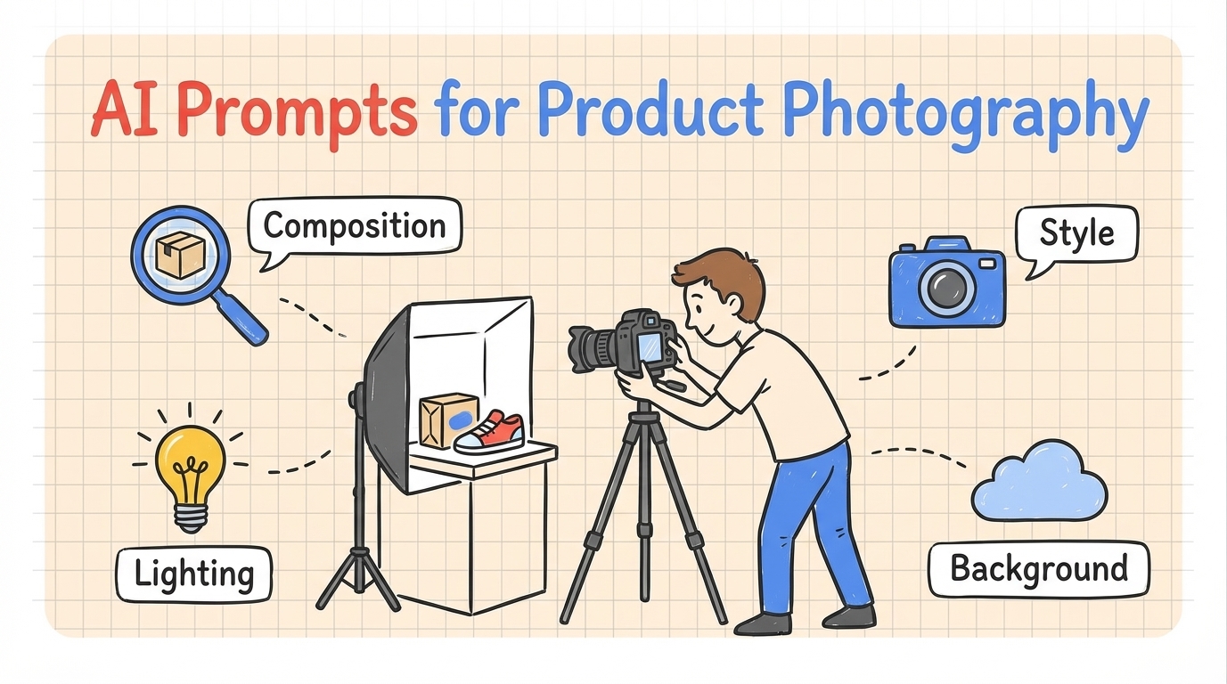 AI Prompts for Product Photography That Looks Like a Studio Shoot - illustration showing photography setup with lighting, composition, and style elements