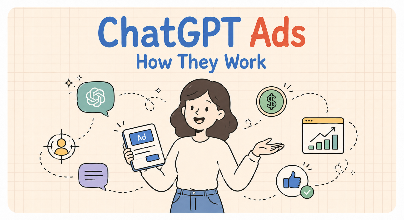 ChatGPT ads explained — illustration of a sponsored product card appearing below a ChatGPT response