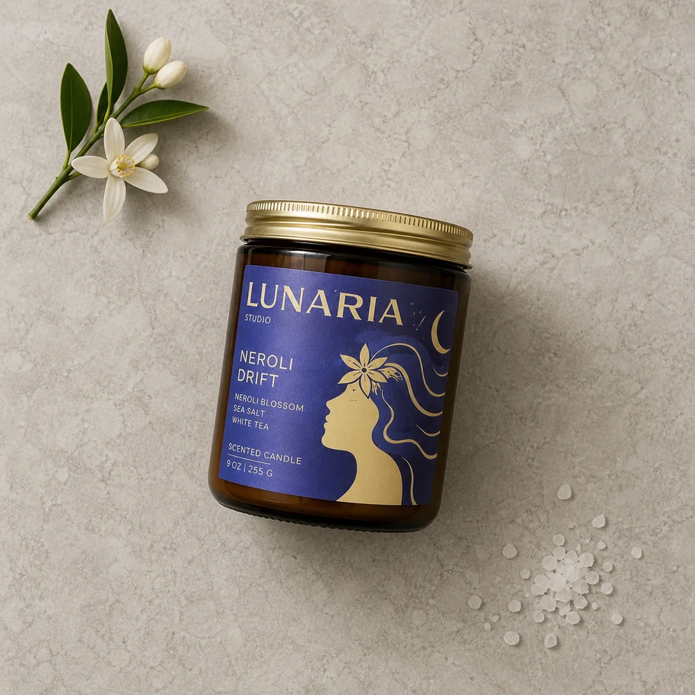 AI-generated flat-lay variation of the Lunaria candle on pale stone beside white flowers and salt