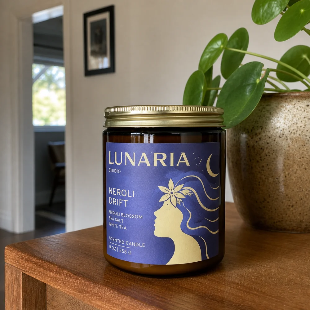 Reference image of a Lunaria candle with a gold lid and purple illustrated label on a wooden table